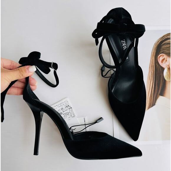 ZARA Black Pointed Toe Heels with Bow NWT - Picture 5 of 16